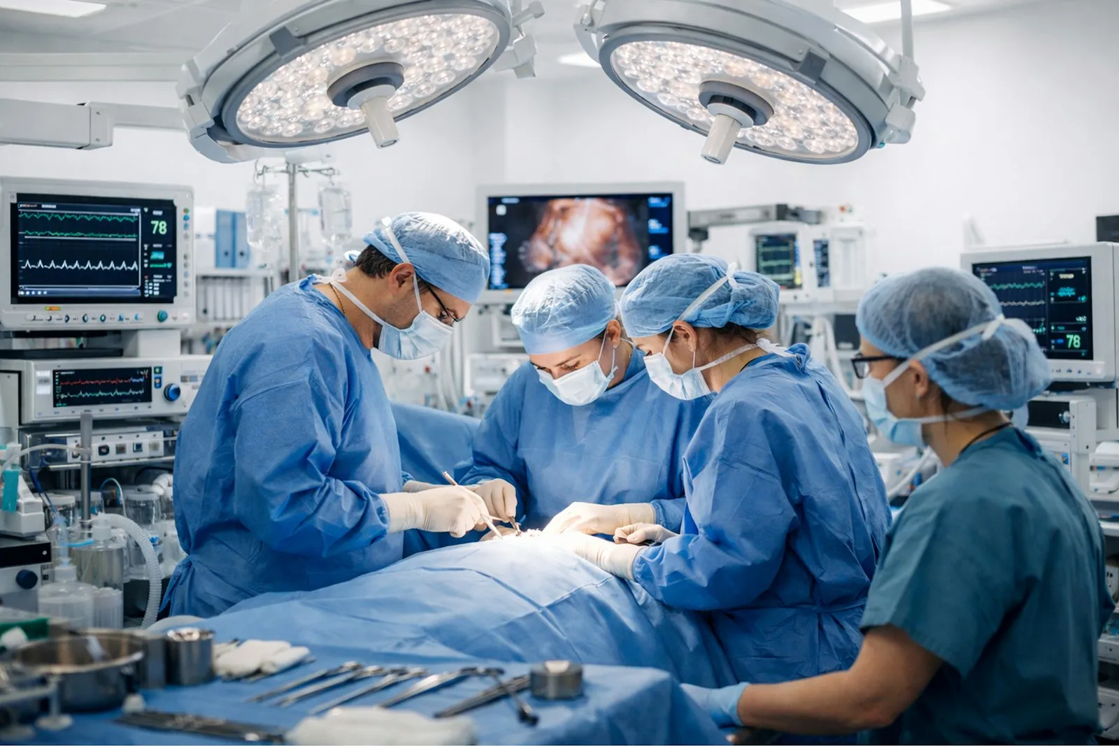Surgical team working together in a modern hospital operating room